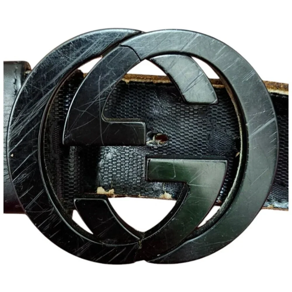 Gucci Black Shiny Imprime Belt With Black Interlinking GG Buckle